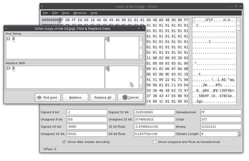 Screenshot of Find and Replace menu in hex editor
